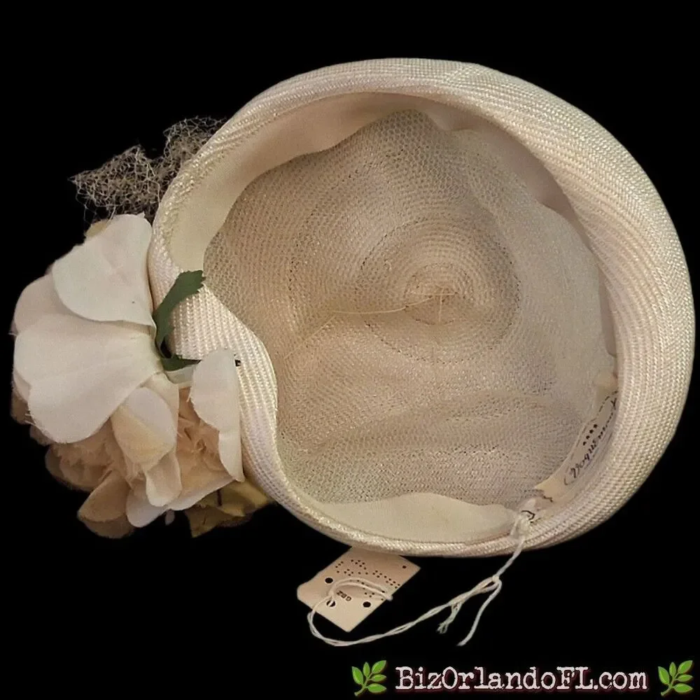 VINTAGE: 1950s Voguemont Cream Straw Pillbox Hat Flower Veil Goldblatts Tag MCM